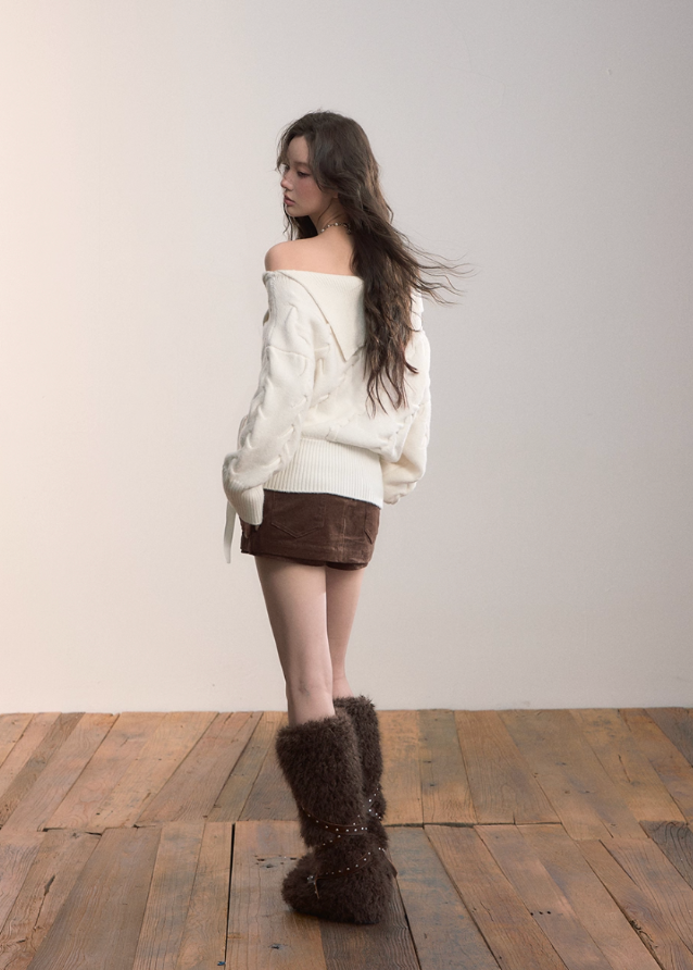 VIAPITTI one shoulder knit, cross webbing sweater, cable loose sweater, edgy Korean fashion, fall winter knit top, asymmetrical knitwear women, industrial street style, off shoulder cable knit, soft grunge sweater, K-fashion 2025, textured knit top, urban chic knitwear
