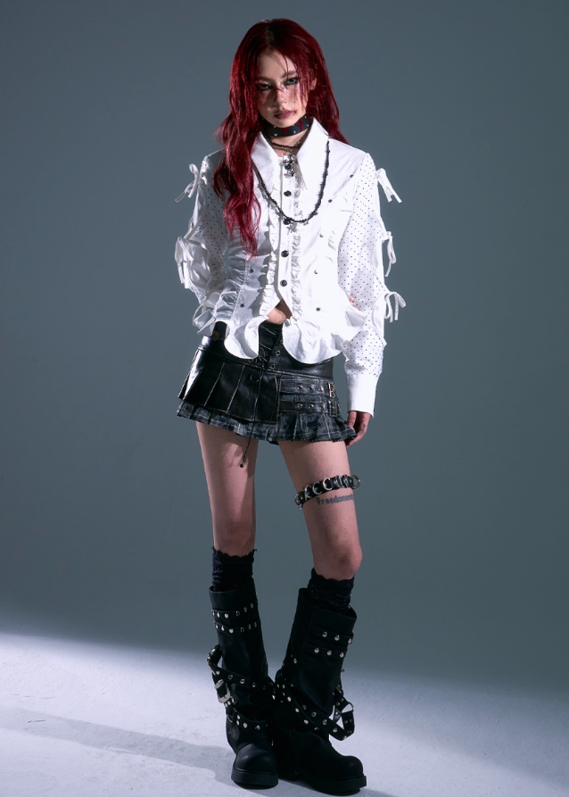 punk white lace up shirt, edgy polka dot blouse, frustration garden top, deconstructed ruffle shirt women, lace-up sleeve blouse, gothic romantic shirt, y2k punk white top, cinched waist corset shirt, grunge slim fit blouse, tether sleeve long sleeve top
