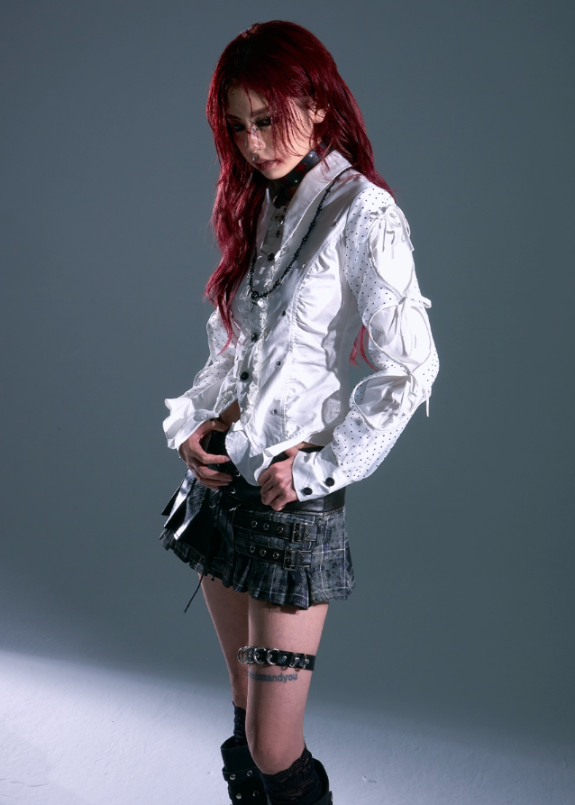 punk white lace up shirt, edgy polka dot blouse, frustration garden top, deconstructed ruffle shirt women, lace-up sleeve blouse, gothic romantic shirt, y2k punk white top, cinched waist corset shirt, grunge slim fit blouse, tether sleeve long sleeve top
