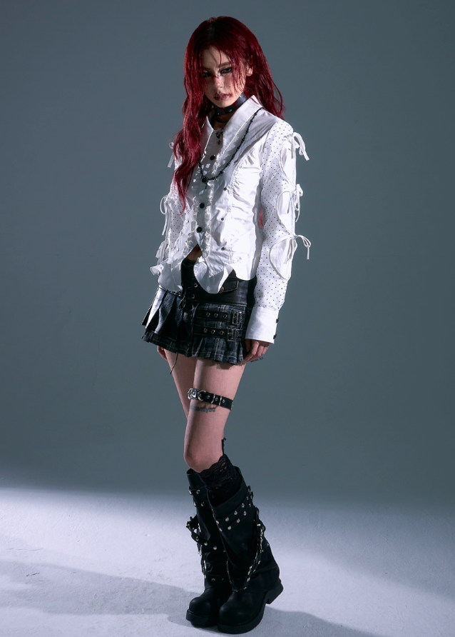 punk white lace up shirt, edgy polka dot blouse, frustration garden top, deconstructed ruffle shirt women, lace-up sleeve blouse, gothic romantic shirt, y2k punk white top, cinched waist corset shirt, grunge slim fit blouse, tether sleeve long sleeve top
