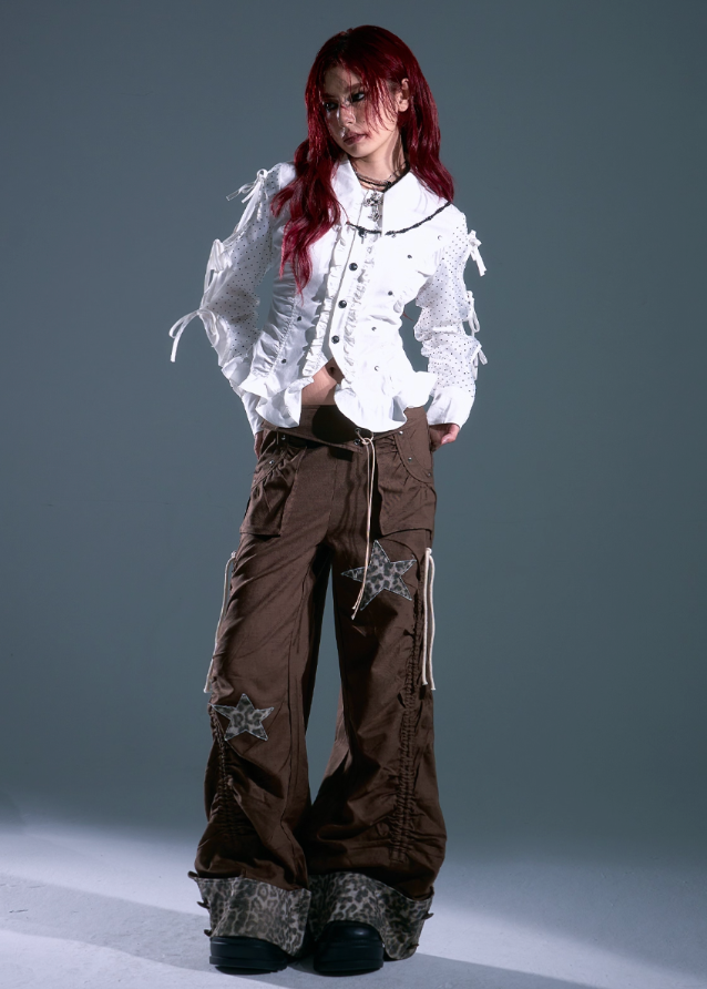 punk white lace up shirt, edgy polka dot blouse, frustration garden top, deconstructed ruffle shirt women, lace-up sleeve blouse, gothic romantic shirt, y2k punk white top, cinched waist corset shirt, grunge slim fit blouse, tether sleeve long sleeve top
