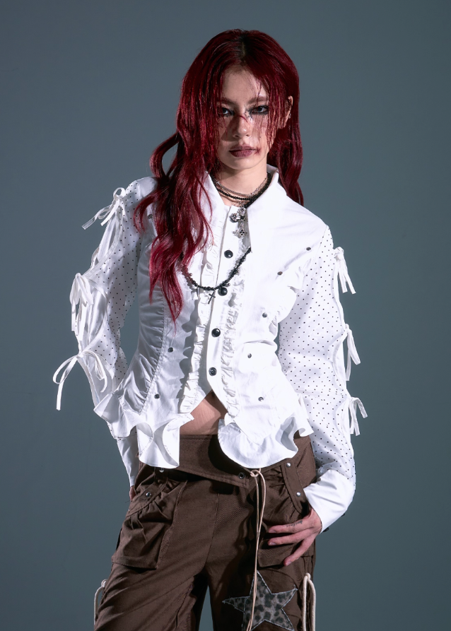 punk white lace up shirt, edgy polka dot blouse, frustration garden top, deconstructed ruffle shirt women, lace-up sleeve blouse, gothic romantic shirt, y2k punk white top, cinched waist corset shirt, grunge slim fit blouse, tether sleeve long sleeve top
