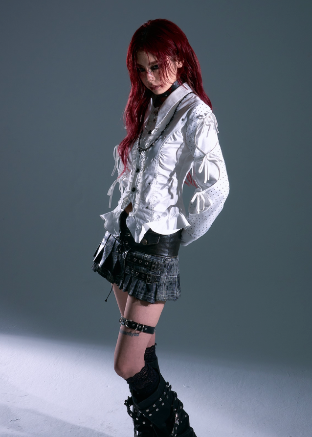 punk white lace up shirt, edgy polka dot blouse, frustration garden top, deconstructed ruffle shirt women, lace-up sleeve blouse, gothic romantic shirt, y2k punk white top, cinched waist corset shirt, grunge slim fit blouse, tether sleeve long sleeve top
