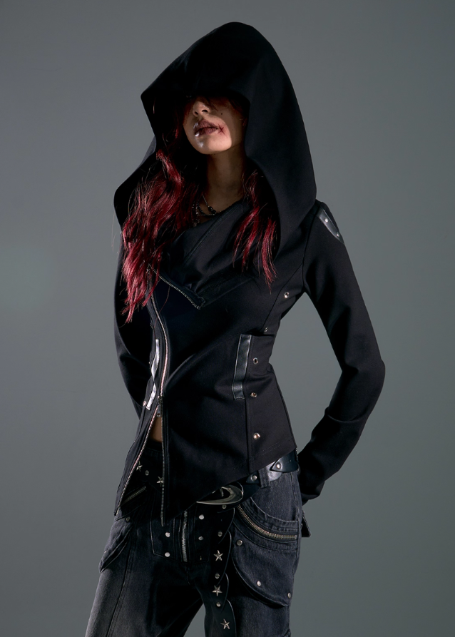 dark punk hooded jacket, asymmetrical zip hoodie women, frustration garden jacket, edgy black knit jacket, gothic slim hooded top, deconstructed hood coat, punk streetwear zip jacket, long sleeve asym hoodie women, dark fashion hoodie, underground street goth jacket
