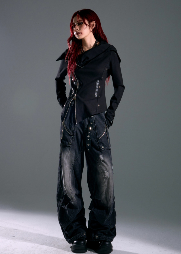 dark punk hooded jacket, asymmetrical zip hoodie women, frustration garden jacket, edgy black knit jacket, gothic slim hooded top, deconstructed hood coat, punk streetwear zip jacket, long sleeve asym hoodie women, dark fashion hoodie, underground street goth jacket
