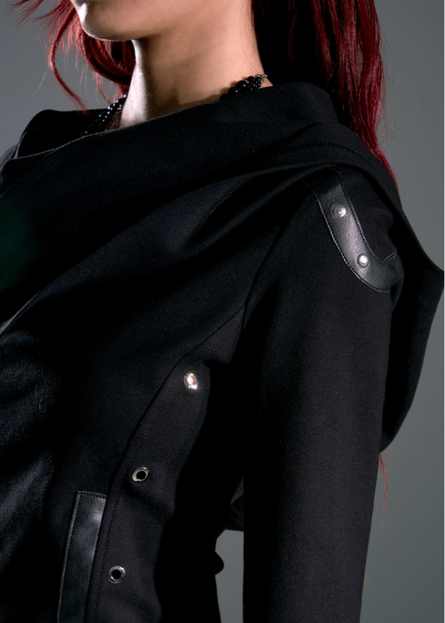 dark punk hooded jacket, asymmetrical zip hoodie women, frustration garden jacket, edgy black knit jacket, gothic slim hooded top, deconstructed hood coat, punk streetwear zip jacket, long sleeve asym hoodie women, dark fashion hoodie, underground street goth jacket
