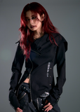 dark punk hooded jacket, asymmetrical zip hoodie women, frustration garden jacket, edgy black knit jacket, gothic slim hooded top, deconstructed hood coat, punk streetwear zip jacket, long sleeve asym hoodie women, dark fashion hoodie, underground street goth jacket
