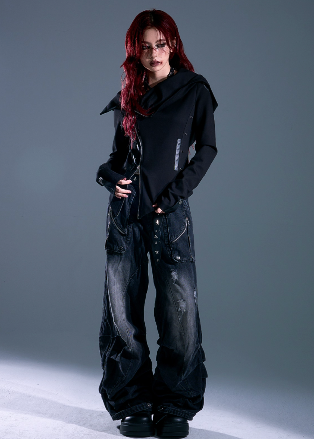 dark punk hooded jacket, asymmetrical zip hoodie women, frustration garden jacket, edgy black knit jacket, gothic slim hooded top, deconstructed hood coat, punk streetwear zip jacket, long sleeve asym hoodie women, dark fashion hoodie, underground street goth jacket
