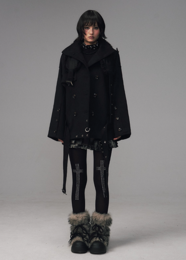 dark wool coat women, detachable fur collar coat, edgy winter coat women, frustration garden outerwear, gothic lapel wool coat, double breasted black coat, multi way wool jacket, punk winter coat women, avant garde wool trench, dark fashion fur lapel coat
