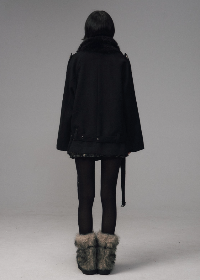 dark wool coat women, detachable fur collar coat, edgy winter coat women, frustration garden outerwear, gothic lapel wool coat, double breasted black coat, multi way wool jacket, punk winter coat women, avant garde wool trench, dark fashion fur lapel coat
