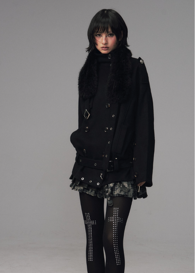 dark wool coat women, detachable fur collar coat, edgy winter coat women, frustration garden outerwear, gothic lapel wool coat, double breasted black coat, multi way wool jacket, punk winter coat women, avant garde wool trench, dark fashion fur lapel coat
