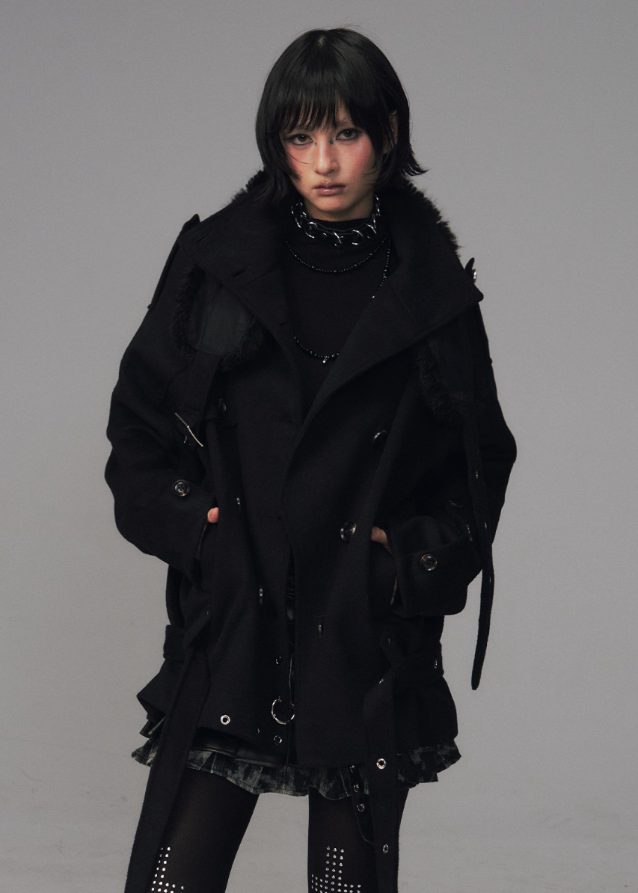 dark wool coat women, detachable fur collar coat, edgy winter coat women, frustration garden outerwear, gothic lapel wool coat, double breasted black coat, multi way wool jacket, punk winter coat women, avant garde wool trench, dark fashion fur lapel coat
