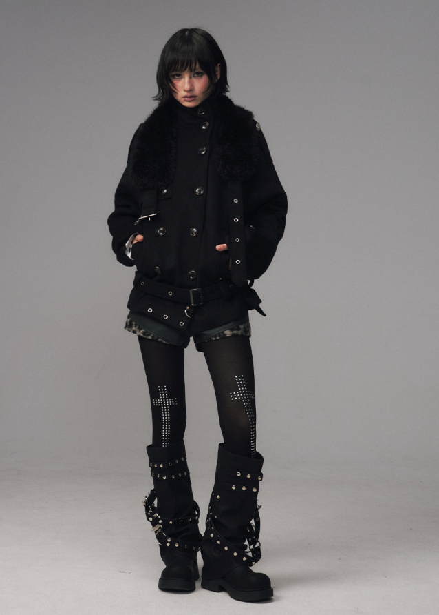 dark wool coat women, detachable fur collar coat, edgy winter coat women, frustration garden outerwear, gothic lapel wool coat, double breasted black coat, multi way wool jacket, punk winter coat women, avant garde wool trench, dark fashion fur lapel coat
