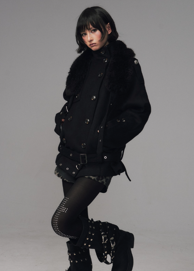 dark wool coat women, detachable fur collar coat, edgy winter coat women, frustration garden outerwear, gothic lapel wool coat, double breasted black coat, multi way wool jacket, punk winter coat women, avant garde wool trench, dark fashion fur lapel coat
