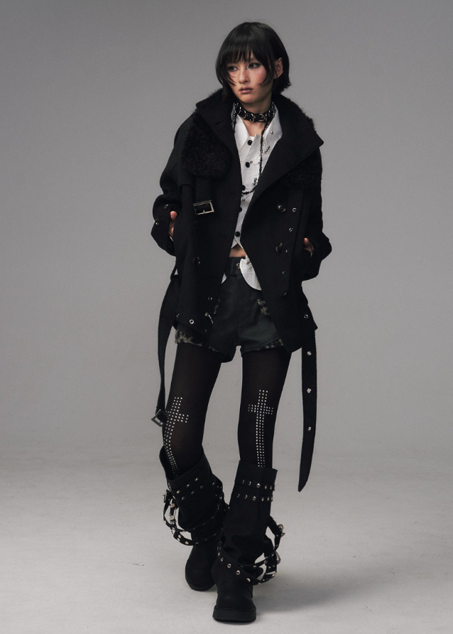 dark wool coat women, detachable fur collar coat, edgy winter coat women, frustration garden outerwear, gothic lapel wool coat, double breasted black coat, multi way wool jacket, punk winter coat women, avant garde wool trench, dark fashion fur lapel coat
