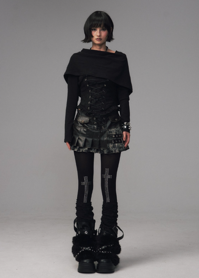 gothic hooded corset top, dark jacquard knit top, frustration garden top, lace up waist long sleeve, occult fashion hooded top, avant garde hood knit, gothic emo top women, deconstructed hood shirt, punk romantic knitwear, herringbone lace up blouse
