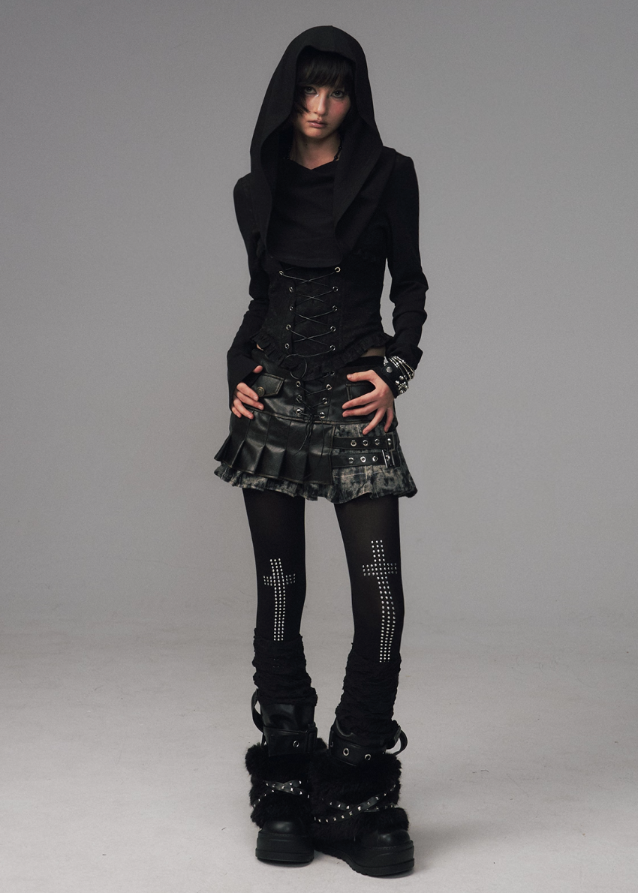 gothic hooded corset top, dark jacquard knit top, frustration garden top, lace up waist long sleeve, occult fashion hooded top, avant garde hood knit, gothic emo top women, deconstructed hood shirt, punk romantic knitwear, herringbone lace up blouse
