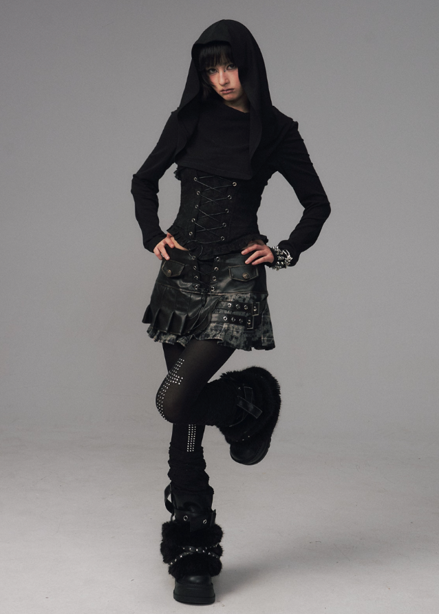 gothic hooded corset top, dark jacquard knit top, frustration garden top, lace up waist long sleeve, occult fashion hooded top, avant garde hood knit, gothic emo top women, deconstructed hood shirt, punk romantic knitwear, herringbone lace up blouse
