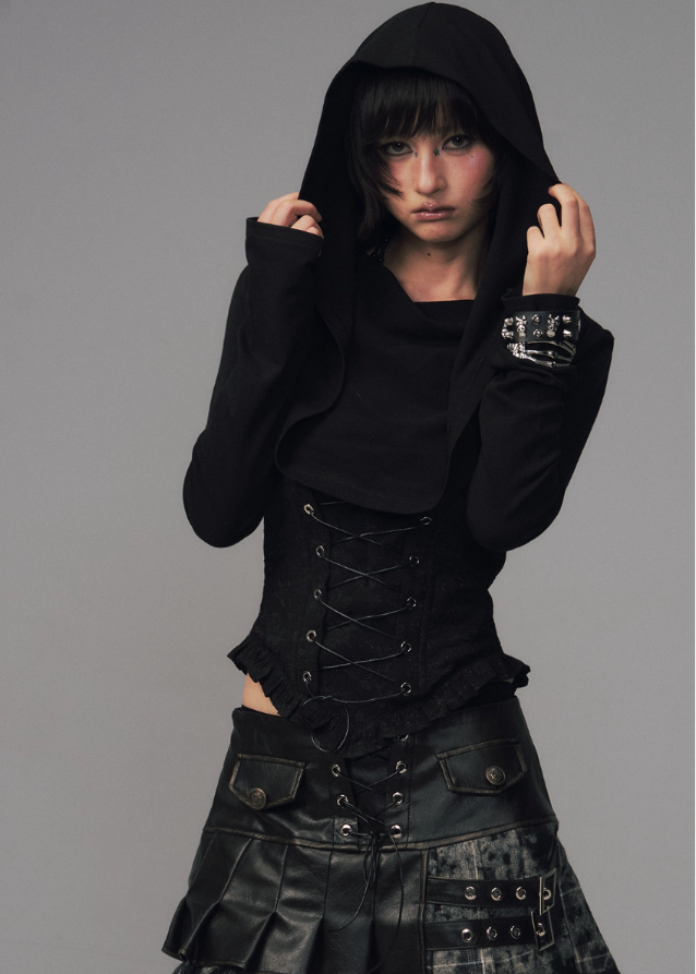 gothic hooded corset top, dark jacquard knit top, frustration garden top, lace up waist long sleeve, occult fashion hooded top, avant garde hood knit, gothic emo top women, deconstructed hood shirt, punk romantic knitwear, herringbone lace up blouse
