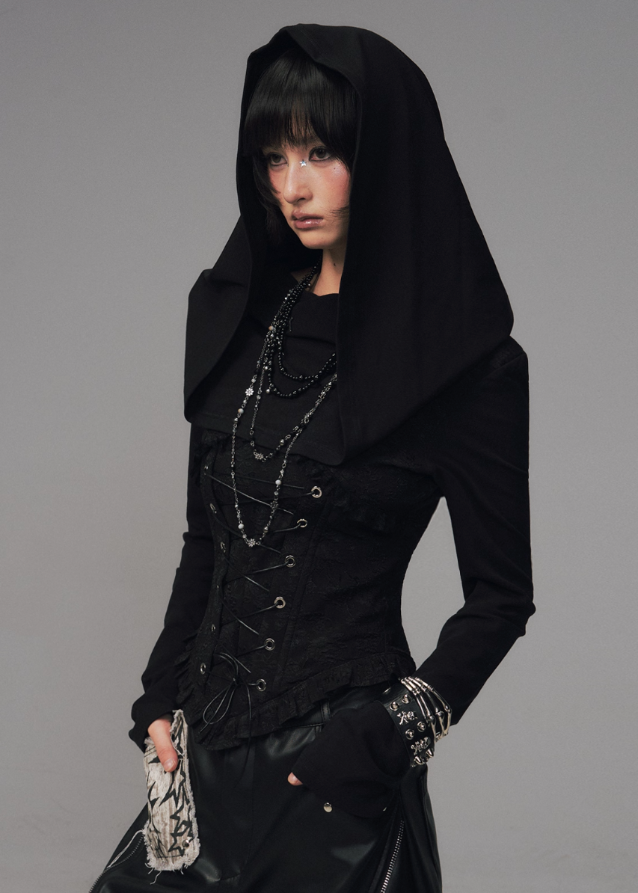 gothic hooded corset top, dark jacquard knit top, frustration garden top, lace up waist long sleeve, occult fashion hooded top, avant garde hood knit, gothic emo top women, deconstructed hood shirt, punk romantic knitwear, herringbone lace up blouse
