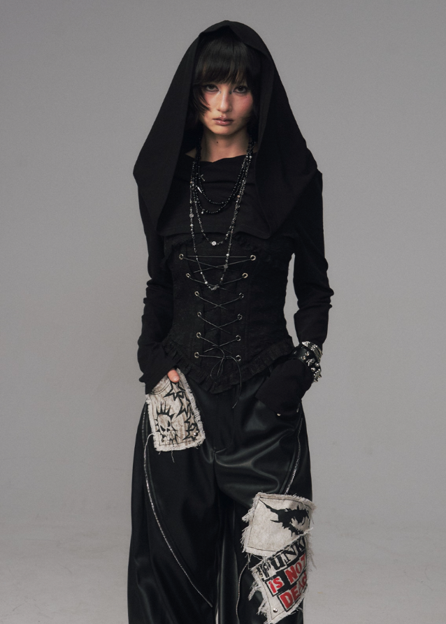 gothic hooded corset top, dark jacquard knit top, frustration garden top, lace up waist long sleeve, occult fashion hooded top, avant garde hood knit, gothic emo top women, deconstructed hood shirt, punk romantic knitwear, herringbone lace up blouse
