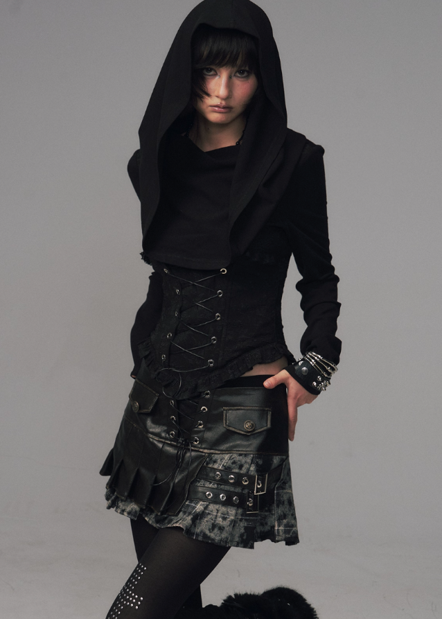 gothic hooded corset top, dark jacquard knit top, frustration garden top, lace up waist long sleeve, occult fashion hooded top, avant garde hood knit, gothic emo top women, deconstructed hood shirt, punk romantic knitwear, herringbone lace up blouse
