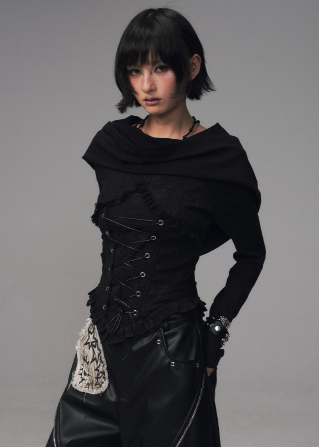 gothic hooded corset top, dark jacquard knit top, frustration garden top, lace up waist long sleeve, occult fashion hooded top, avant garde hood knit, gothic emo top women, deconstructed hood shirt, punk romantic knitwear, herringbone lace up blouse
