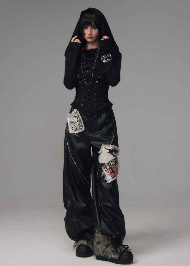 gothic hooded corset top, dark jacquard knit top, frustration garden top, lace up waist long sleeve, occult fashion hooded top, avant garde hood knit, gothic emo top women, deconstructed hood shirt, punk romantic knitwear, herringbone lace up blouse
