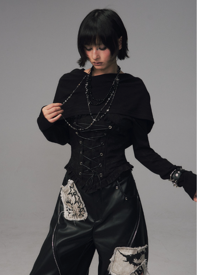 gothic hooded corset top, dark jacquard knit top, frustration garden top, lace up waist long sleeve, occult fashion hooded top, avant garde hood knit, gothic emo top women, deconstructed hood shirt, punk romantic knitwear, herringbone lace up blouse
