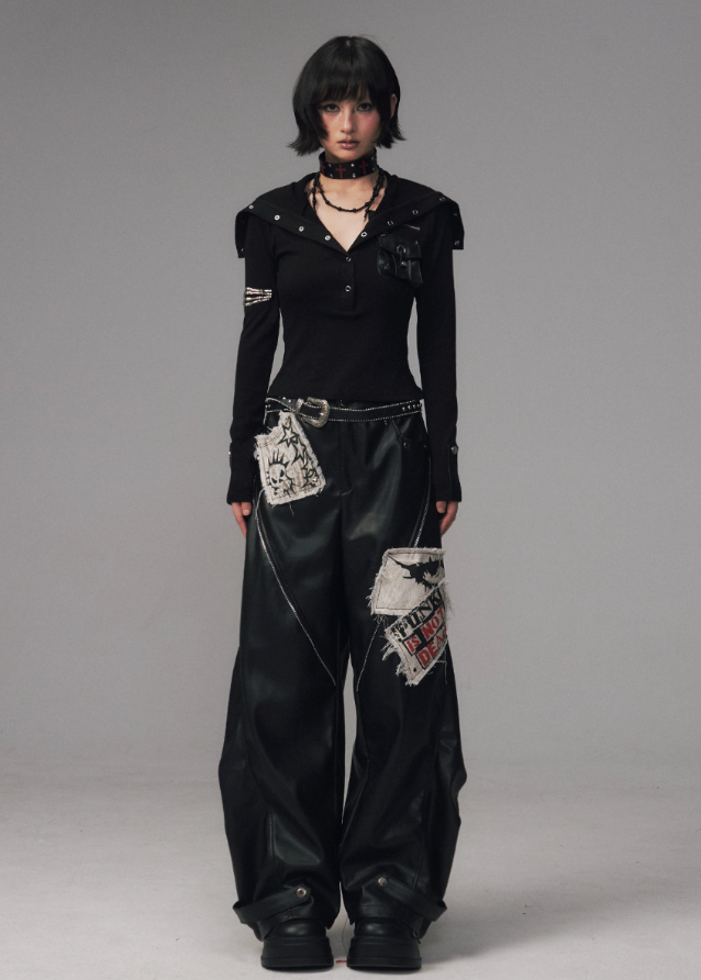 punk leather pants women, grunge patchwork trousers, raw edge leather cargo pants, frustration garden pants, heavy zip punk pants, gothic streetwear leather trousers, rivet wide leg pants, industrial punk pants women, destroyed patch leather pants, edgy black wide leg pants
