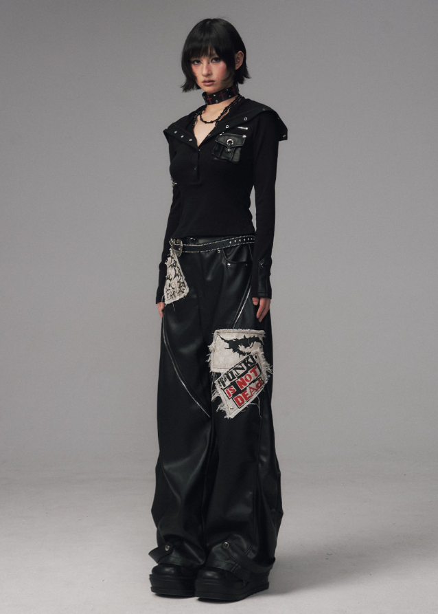 punk leather pants women, grunge patchwork trousers, raw edge leather cargo pants, frustration garden pants, heavy zip punk pants, gothic streetwear leather trousers, rivet wide leg pants, industrial punk pants women, destroyed patch leather pants, edgy black wide leg pants
