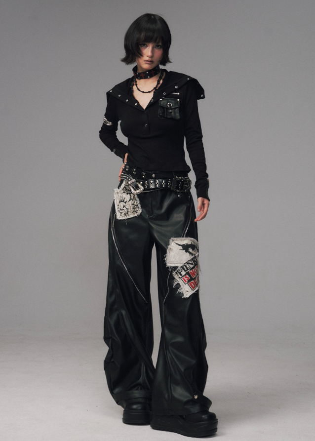 punk leather pants women, grunge patchwork trousers, raw edge leather cargo pants, frustration garden pants, heavy zip punk pants, gothic streetwear leather trousers, rivet wide leg pants, industrial punk pants women, destroyed patch leather pants, edgy black wide leg pants
