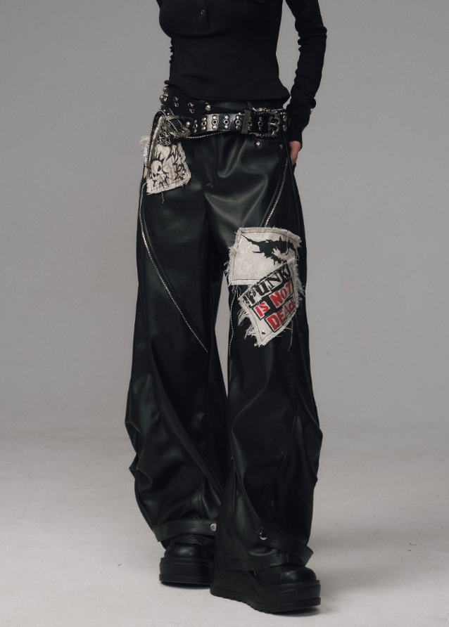 punk leather pants women, grunge patchwork trousers, raw edge leather cargo pants, frustration garden pants, heavy zip punk pants, gothic streetwear leather trousers, rivet wide leg pants, industrial punk pants women, destroyed patch leather pants, edgy black wide leg pants
