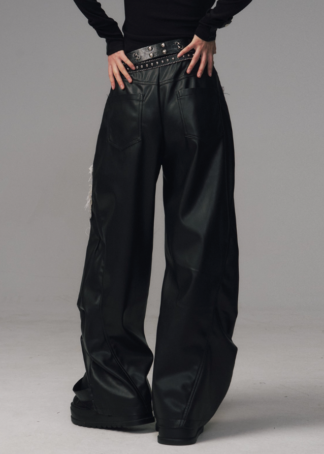 punk leather pants women, grunge patchwork trousers, raw edge leather cargo pants, frustration garden pants, heavy zip punk pants, gothic streetwear leather trousers, rivet wide leg pants, industrial punk pants women, destroyed patch leather pants, edgy black wide leg pants
