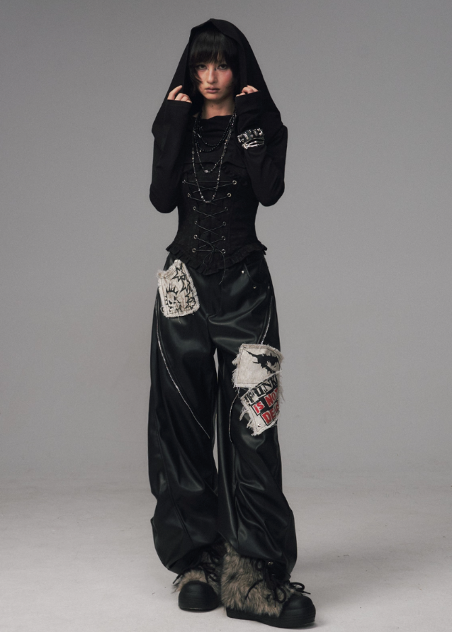 punk leather pants women, grunge patchwork trousers, raw edge leather cargo pants, frustration garden pants, heavy zip punk pants, gothic streetwear leather trousers, rivet wide leg pants, industrial punk pants women, destroyed patch leather pants, edgy black wide leg pants
