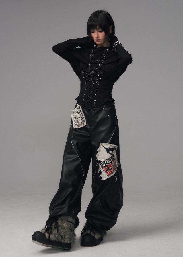 punk leather pants women, grunge patchwork trousers, raw edge leather cargo pants, frustration garden pants, heavy zip punk pants, gothic streetwear leather trousers, rivet wide leg pants, industrial punk pants women, destroyed patch leather pants, edgy black wide leg pants

