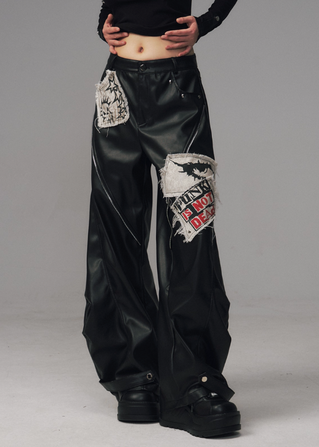 punk leather pants women, grunge patchwork trousers, raw edge leather cargo pants, frustration garden pants, heavy zip punk pants, gothic streetwear leather trousers, rivet wide leg pants, industrial punk pants women, destroyed patch leather pants, edgy black wide leg pants
