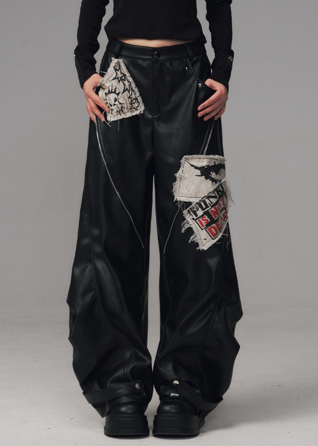 punk leather pants women, grunge patchwork trousers, raw edge leather cargo pants, frustration garden pants, heavy zip punk pants, gothic streetwear leather trousers, rivet wide leg pants, industrial punk pants women, destroyed patch leather pants, edgy black wide leg pants
