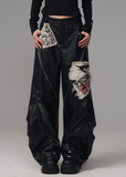 punk leather pants women, grunge patchwork trousers, raw edge leather cargo pants, frustration garden pants, heavy zip punk pants, gothic streetwear leather trousers, rivet wide leg pants, industrial punk pants women, destroyed patch leather pants, edgy black wide leg pants
