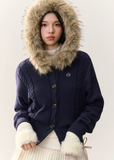 umoumo cardigan, fur collar cardigan, hooded knit sweater, Korean feminine style knit, soft girl cardigan, fluffy collar sweater, winter warm cardigan, cable knit fur trim, cute Korean cardigan, aesthetic winter outfit, cozy knitwear women, warm hooded sweater, Korean fashion cardigan, faux fur hood knit, winter Korean style top
