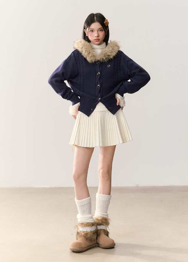 umoumo cardigan, fur collar cardigan, hooded knit sweater, Korean feminine style knit, soft girl cardigan, fluffy collar sweater, winter warm cardigan, cable knit fur trim, cute Korean cardigan, aesthetic winter outfit, cozy knitwear women, warm hooded sweater, Korean fashion cardigan, faux fur hood knit, winter Korean style top
