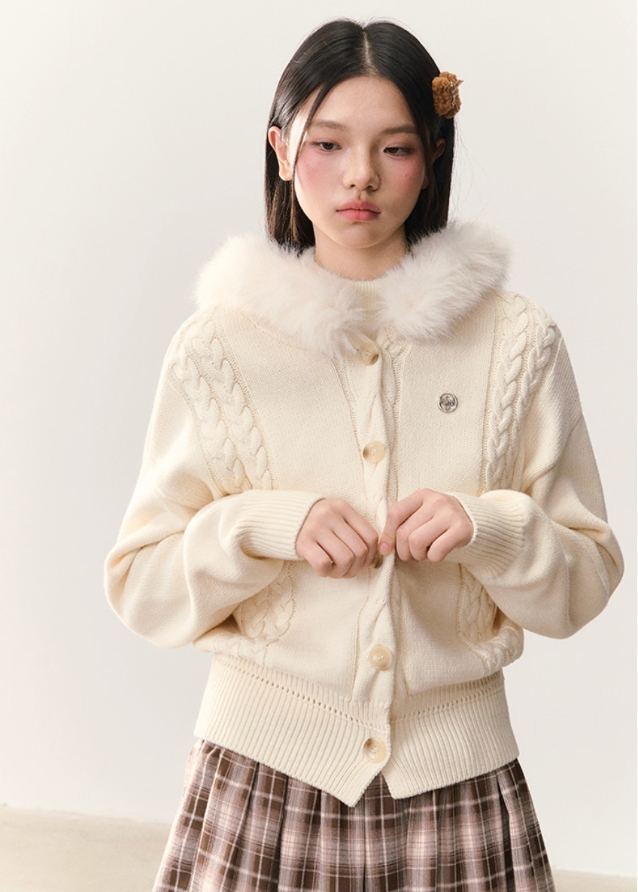 umoumo cardigan, fur collar cardigan, hooded knit sweater, Korean feminine style knit, soft girl cardigan, fluffy collar sweater, winter warm cardigan, cable knit fur trim, cute Korean cardigan, aesthetic winter outfit, cozy knitwear women, warm hooded sweater, Korean fashion cardigan, faux fur hood knit, winter Korean style top
