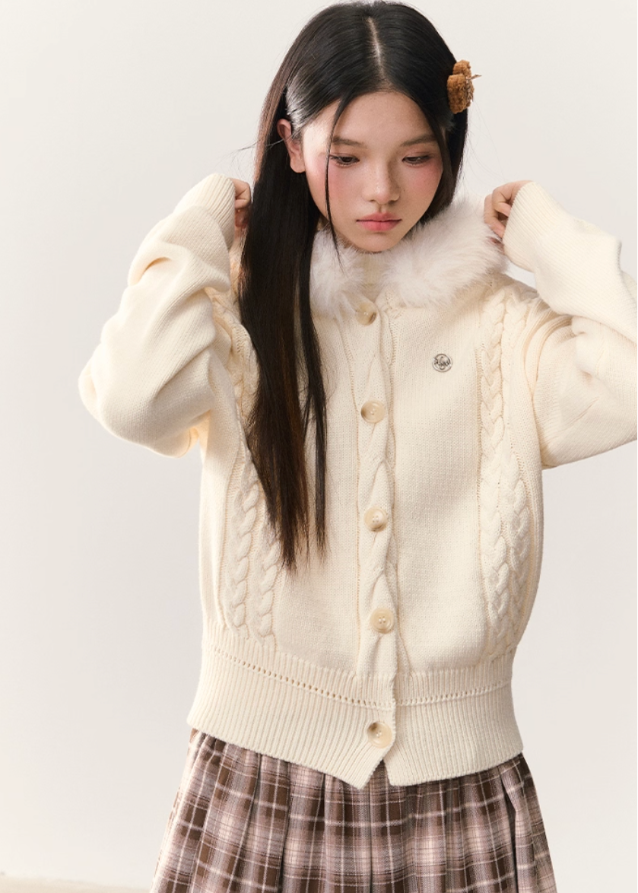 umoumo cardigan, fur collar cardigan, hooded knit sweater, Korean feminine style knit, soft girl cardigan, fluffy collar sweater, winter warm cardigan, cable knit fur trim, cute Korean cardigan, aesthetic winter outfit, cozy knitwear women, warm hooded sweater, Korean fashion cardigan, faux fur hood knit, winter Korean style top
