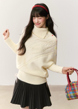 umoumo knit top, Korean style sweater, feminine knitwear, asymmetrical lapel sweater, cape style sweater, cable knit pullover, off-white cable sweater, colorful button sweater, winter Korean fashion, soft girl aesthetic knit, oversized feminine sweater, cozy winter top, girly Korean knitwear, cute cape sweater, asym knit design
