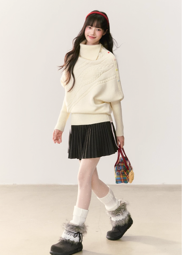 umoumo knit top, Korean style sweater, feminine knitwear, asymmetrical lapel sweater, cape style sweater, cable knit pullover, off-white cable sweater, colorful button sweater, winter Korean fashion, soft girl aesthetic knit, oversized feminine sweater, cozy winter top, girly Korean knitwear, cute cape sweater, asym knit design
