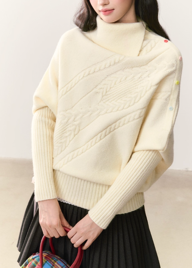 umoumo knit top, Korean style sweater, feminine knitwear, asymmetrical lapel sweater, cape style sweater, cable knit pullover, off-white cable sweater, colorful button sweater, winter Korean fashion, soft girl aesthetic knit, oversized feminine sweater, cozy winter top, girly Korean knitwear, cute cape sweater, asym knit design

