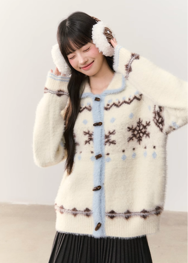 snowflake cardigan, fair isle cardigan, korean style knit sweater, soft fluffy cardigan, winter fuzzy sweater, imitation mink knit, cute korean cardigan, umoumo sweater, soft girl winter outfit, fair isle snowflake knit, cozy winter cardigan, kawaii winter cardigan, feminine knit top, warm fluffy jacket, korean fashion aw 2025