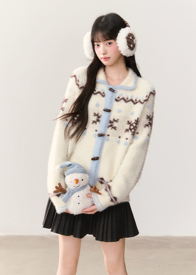 snowflake cardigan, fair isle cardigan, korean style knit sweater, soft fluffy cardigan, winter fuzzy sweater, imitation mink knit, cute korean cardigan, umoumo sweater, soft girl winter outfit, fair isle snowflake knit, cozy winter cardigan, kawaii winter cardigan, feminine knit top, warm fluffy jacket, korean fashion aw 2025