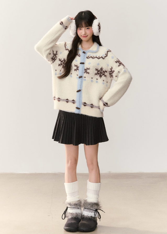 snowflake cardigan, fair isle cardigan, korean style knit sweater, soft fluffy cardigan, winter fuzzy sweater, imitation mink knit, cute korean cardigan, umoumo sweater, soft girl winter outfit, fair isle snowflake knit, cozy winter cardigan, kawaii winter cardigan, feminine knit top, warm fluffy jacket, korean fashion aw 2025