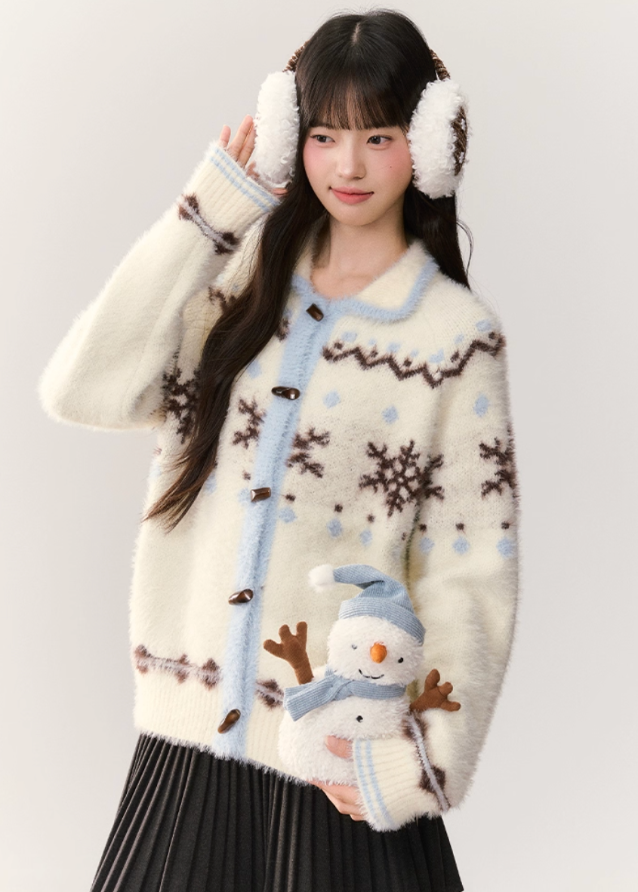 snowflake cardigan, fair isle cardigan, korean style knit sweater, soft fluffy cardigan, winter fuzzy sweater, imitation mink knit, cute korean cardigan, umoumo sweater, soft girl winter outfit, fair isle snowflake knit, cozy winter cardigan, kawaii winter cardigan, feminine knit top, warm fluffy jacket, korean fashion aw 2025